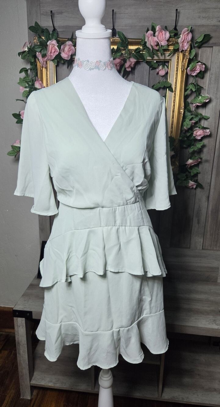 Abrand State Womens Small Mint Green Faux Wrap Peplum Ruffle Mini Dress Flutter